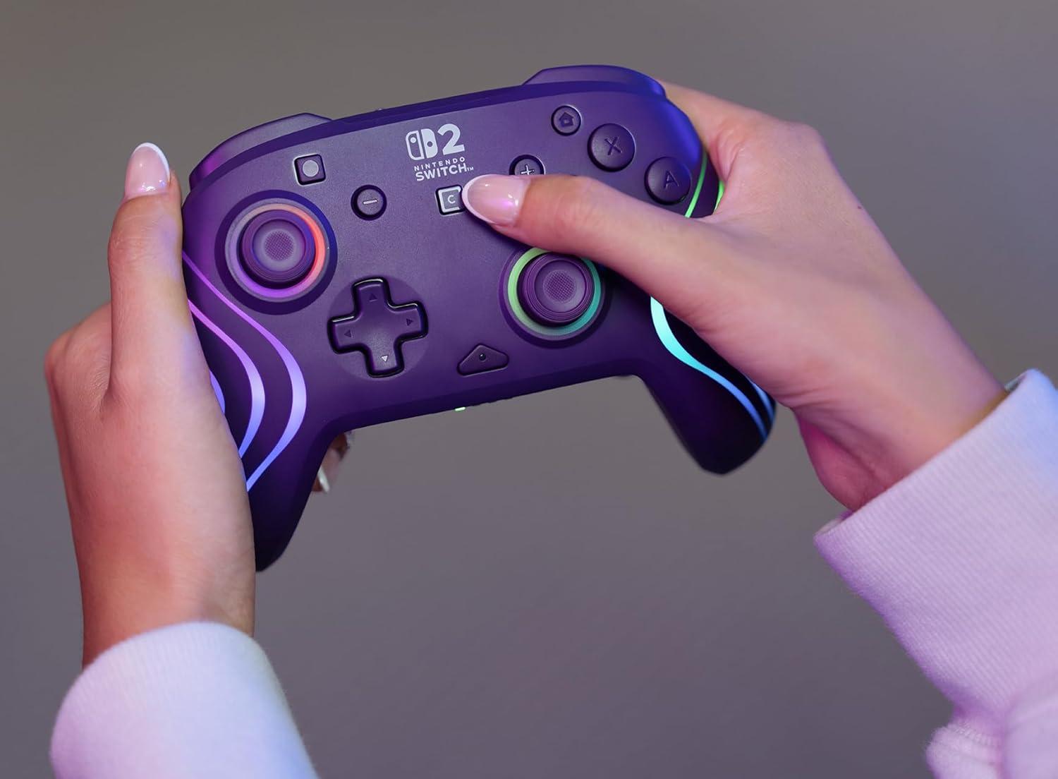 image:imageTurtle Beach Afterglow Wave Wireless RGB Gaming Controller Officially Licensed for Nintendo Switch 2 Nintendo SwitchSwitch LiteOLED TMR Thumbsticks Customizable Lighting BlackPurple